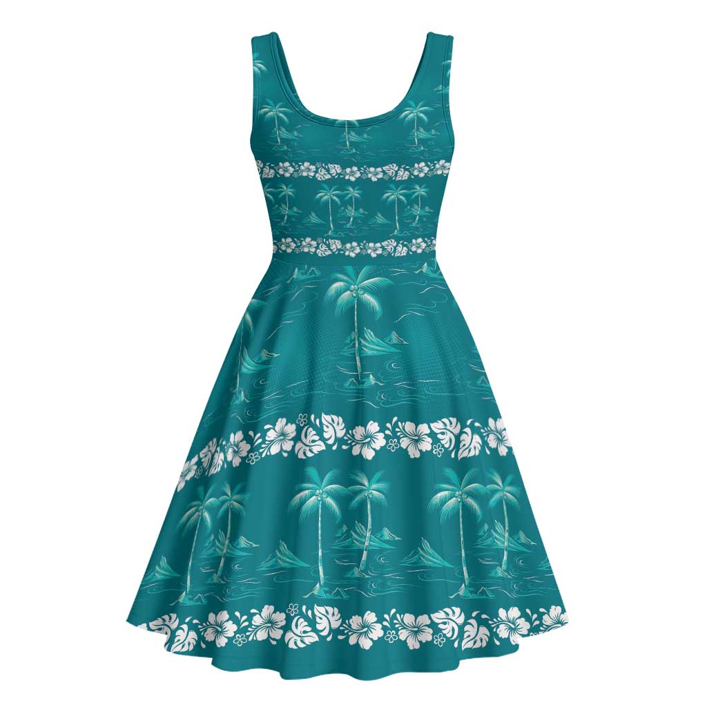 Cyan Hawaii Palm Tree Hibiscus Midi Dress Fantasy Summer Vibe