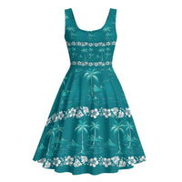 Cyan Hawaii Palm Tree Hibiscus Midi Dress Fantasy Summer Vibe