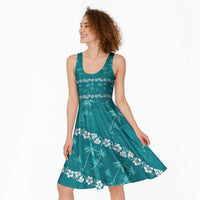 Cyan Hawaii Palm Tree Hibiscus Midi Dress Fantasy Summer Vibe