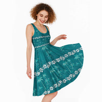 Cyan Hawaii Palm Tree Hibiscus Midi Dress Fantasy Summer Vibe