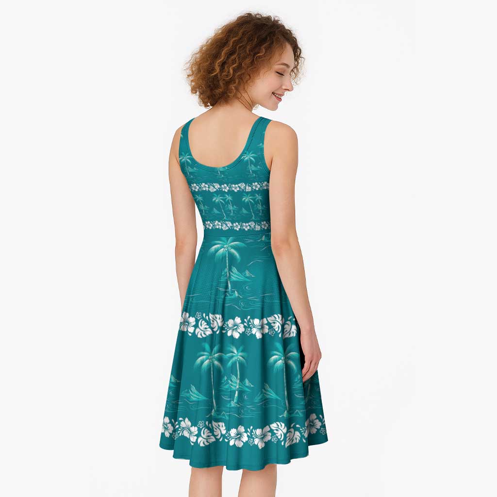Cyan Hawaii Palm Tree Hibiscus Midi Dress Fantasy Summer Vibe