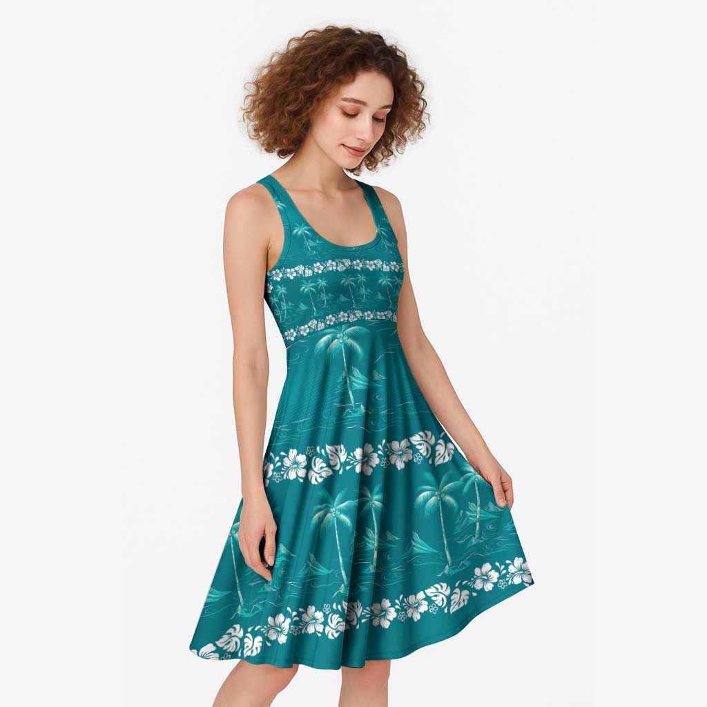 Cyan Hawaii Palm Tree Hibiscus Midi Dress Fantasy Summer Vibe