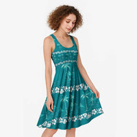Cyan Hawaii Palm Tree Hibiscus Midi Dress Fantasy Summer Vibe
