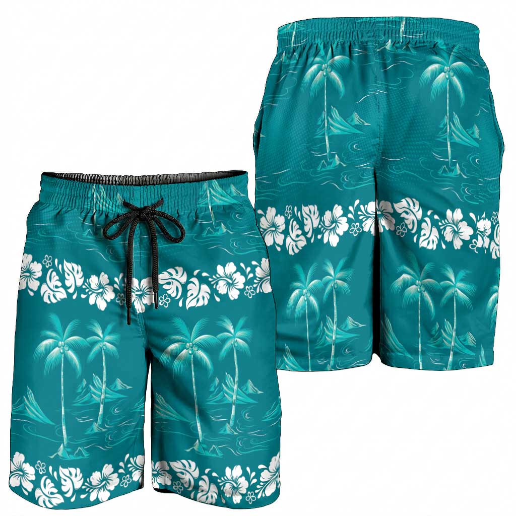 Cyan Hawaii Palm Tree Hibiscus Shorts for Men Fantasy Summer Vibe