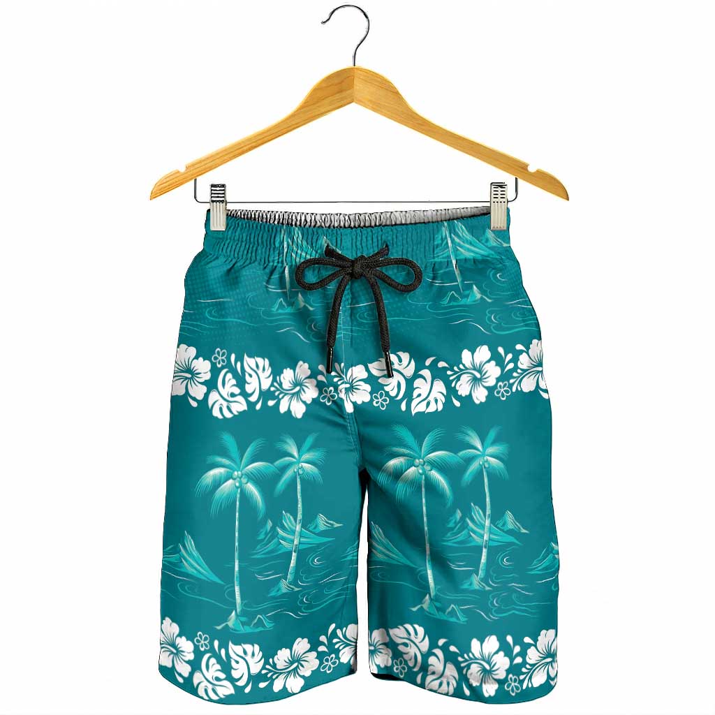 Cyan Hawaii Palm Tree Hibiscus Shorts for Men Fantasy Summer Vibe