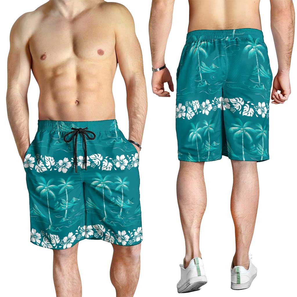 Cyan Hawaii Palm Tree Hibiscus Shorts for Men Fantasy Summer Vibe