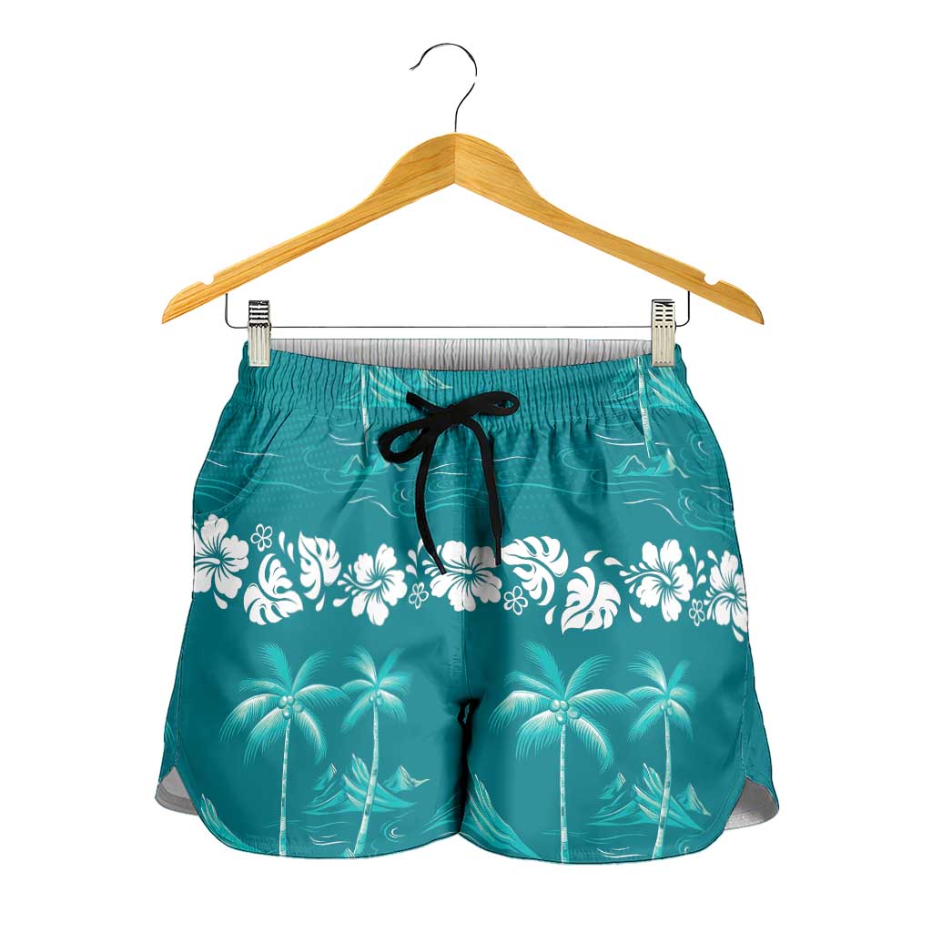 Cyan Hawaii Palm Tree Hibiscus Shorts for Women Fantasy Summer Vibe