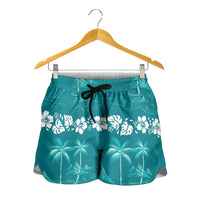 Cyan Hawaii Palm Tree Hibiscus Shorts for Women Fantasy Summer Vibe