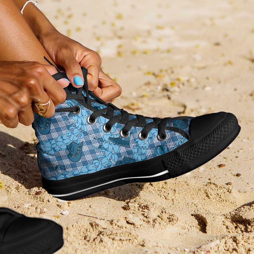 Cyan Palaka Hawaii Cowboy High Top Shoes Puakenikeni Lei Paniolo Papale Seamless Vibes - Polynesian Pride