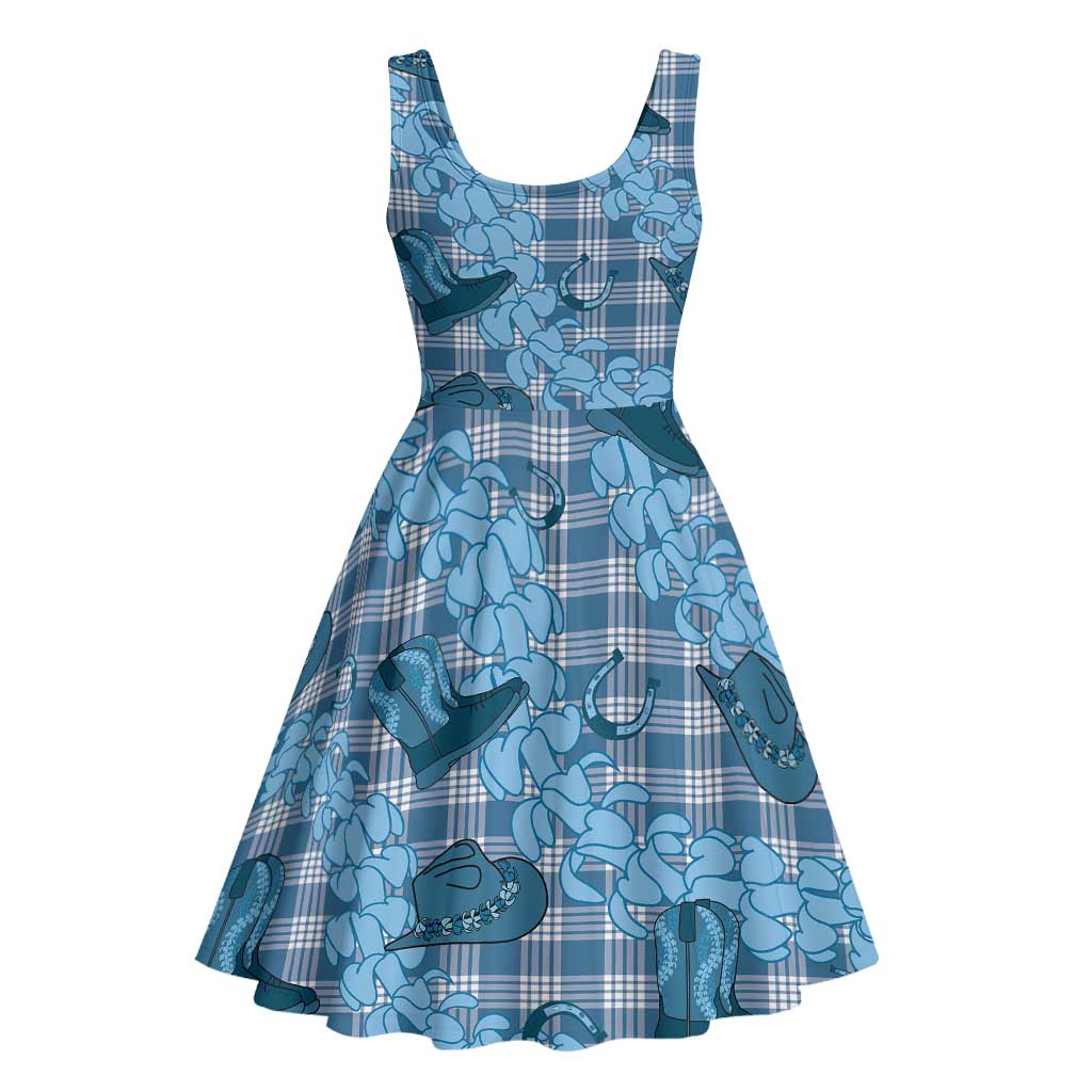 Cyan Palaka Hawaii Cowboy Midi Dress Puakenikeni Lei Paniolo Papale Seamless Vibes - Polynesian Pride
