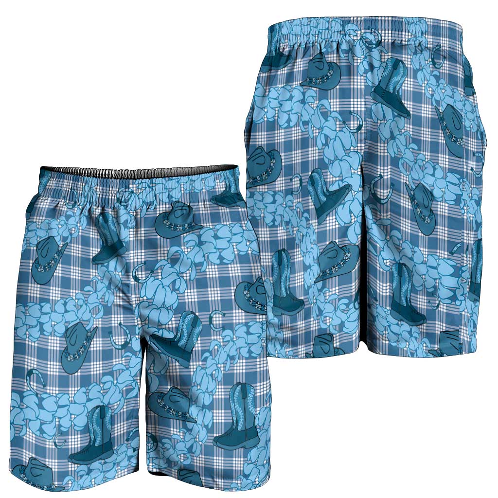Cyan Palaka Hawaii Cowboy Shorts for Men Puakenikeni Lei Paniolo Papale Seamless Vibes - Polynesian Pride