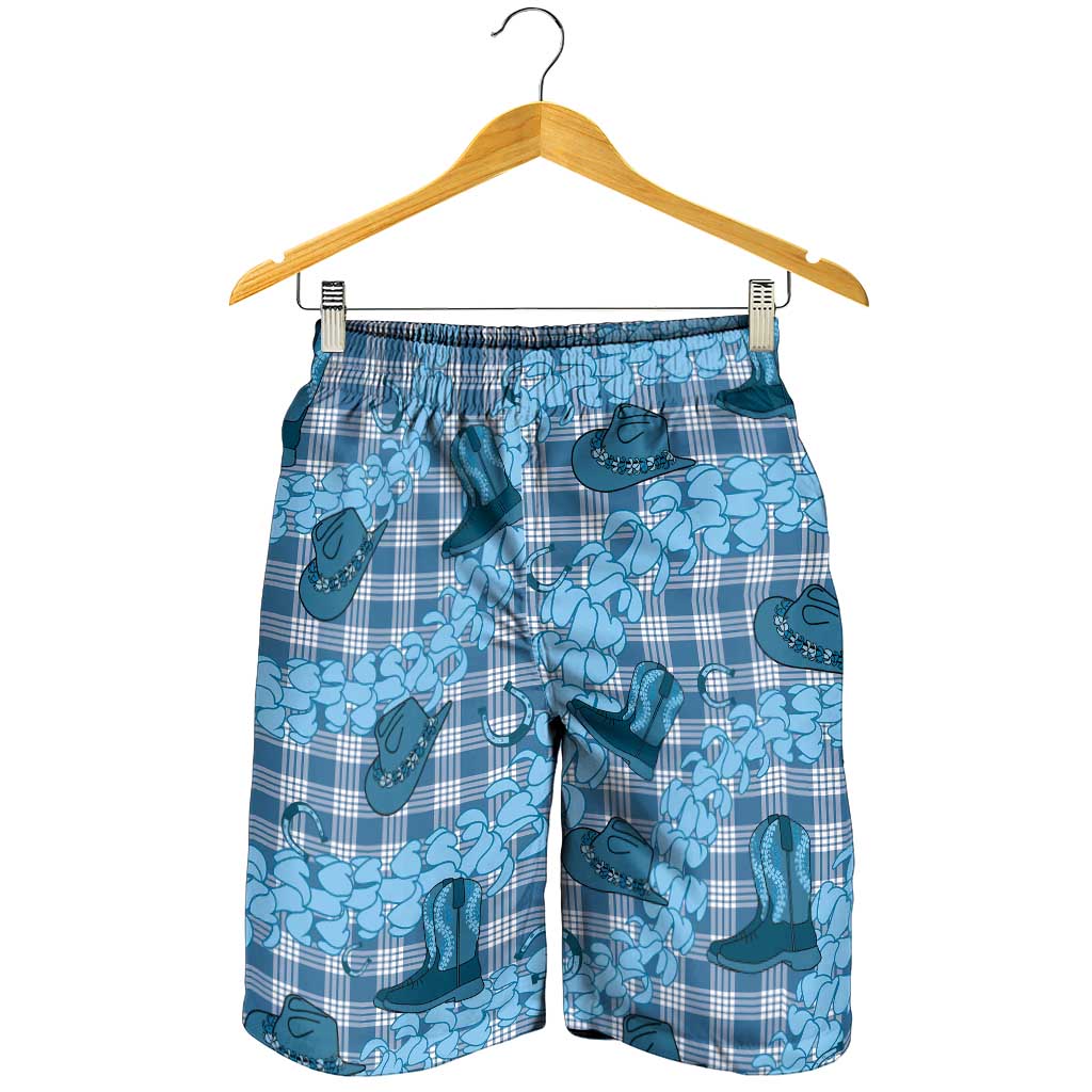 Cyan Palaka Hawaii Cowboy Shorts for Men Puakenikeni Lei Paniolo Papale Seamless Vibes - Polynesian Pride