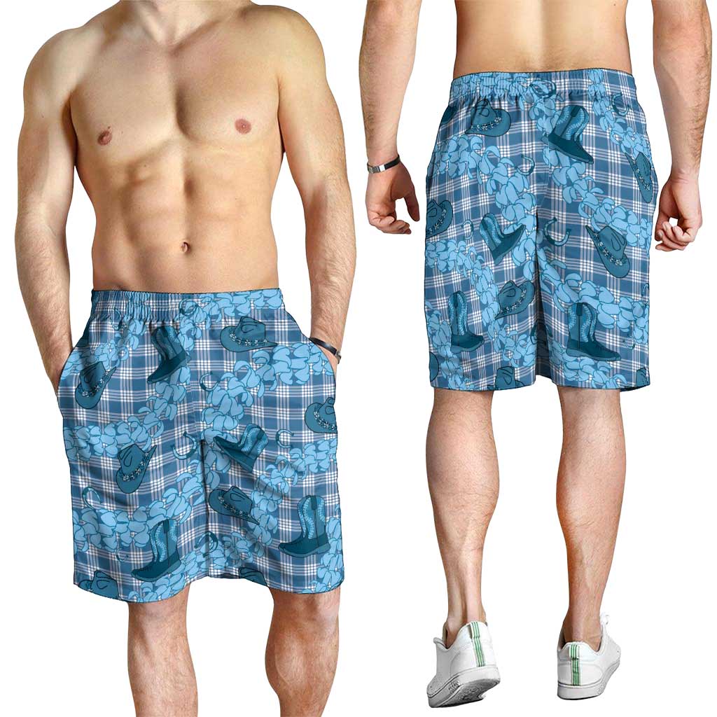 Cyan Palaka Hawaii Cowboy Shorts for Men Puakenikeni Lei Paniolo Papale Seamless Vibes - Polynesian Pride