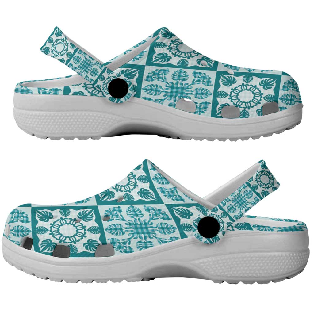 Cyan Palaka Quilt Hawaii Clogs Shoes Hawaiian Tropical Monstera Sea Turtle LT14 - Polynesian Pride