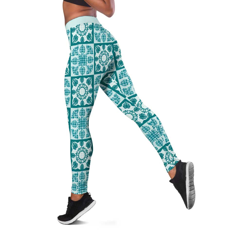 Cyan Palaka Quilt Hawaii Leggings Hawaiian Tropical Monstera Sea Turtle LT14 Cyan - Polynesian Pride