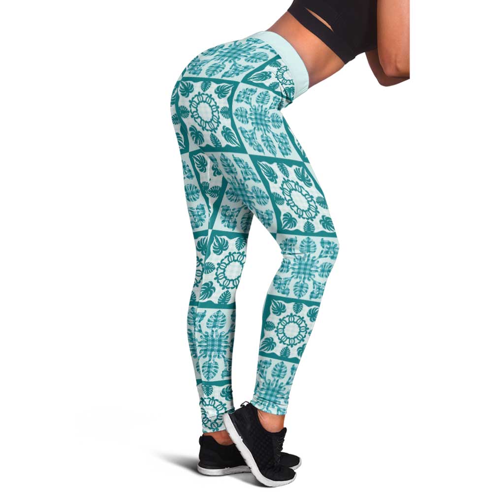 Cyan Palaka Quilt Hawaii Leggings Hawaiian Tropical Monstera Sea Turtle LT14 - Polynesian Pride