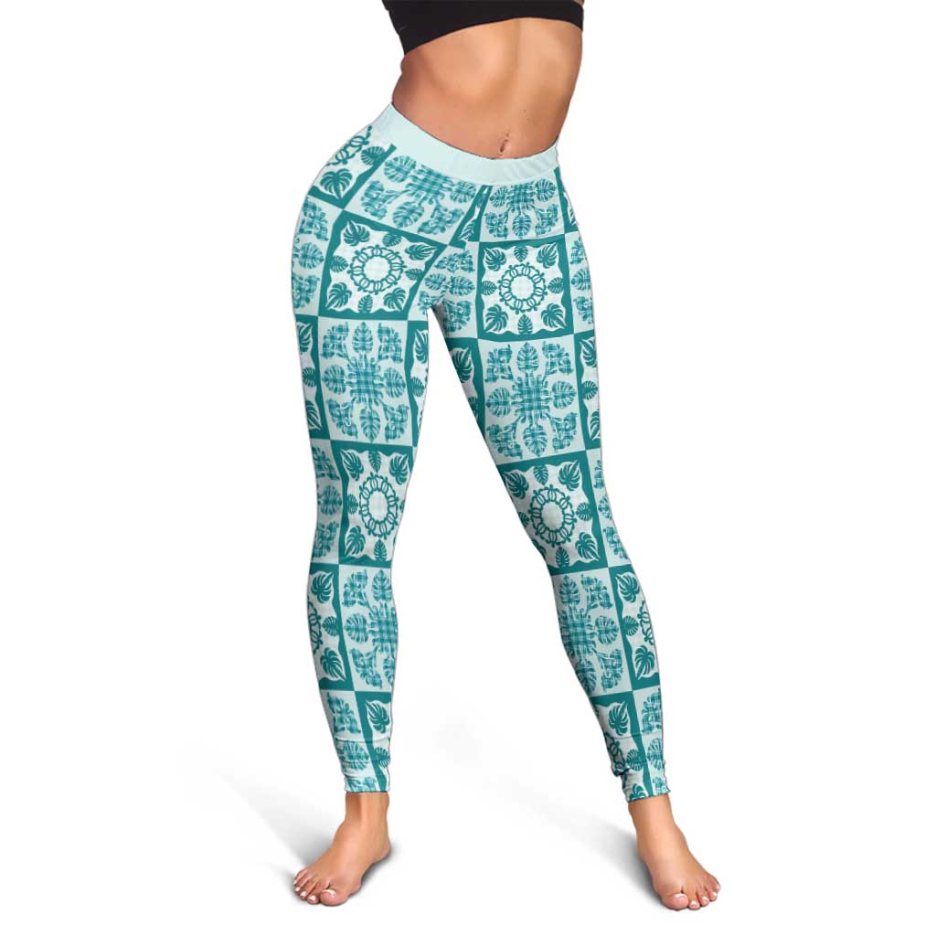 Cyan Palaka Quilt Hawaii Leggings Hawaiian Tropical Monstera Sea Turtle LT14 - Polynesian Pride