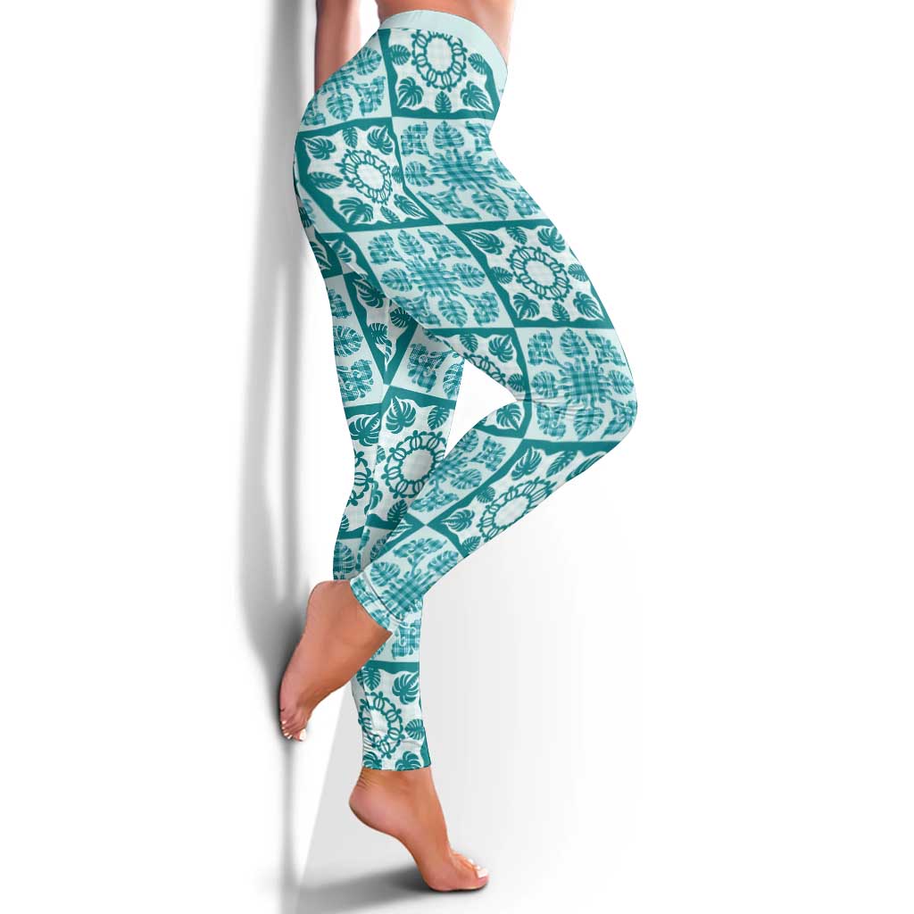 Cyan Palaka Quilt Hawaii Leggings Hawaiian Tropical Monstera Sea Turtle LT14 - Polynesian Pride