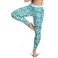 Cyan Palaka Quilt Hawaii Leggings Hawaiian Tropical Monstera Sea Turtle LT14 - Polynesian Pride
