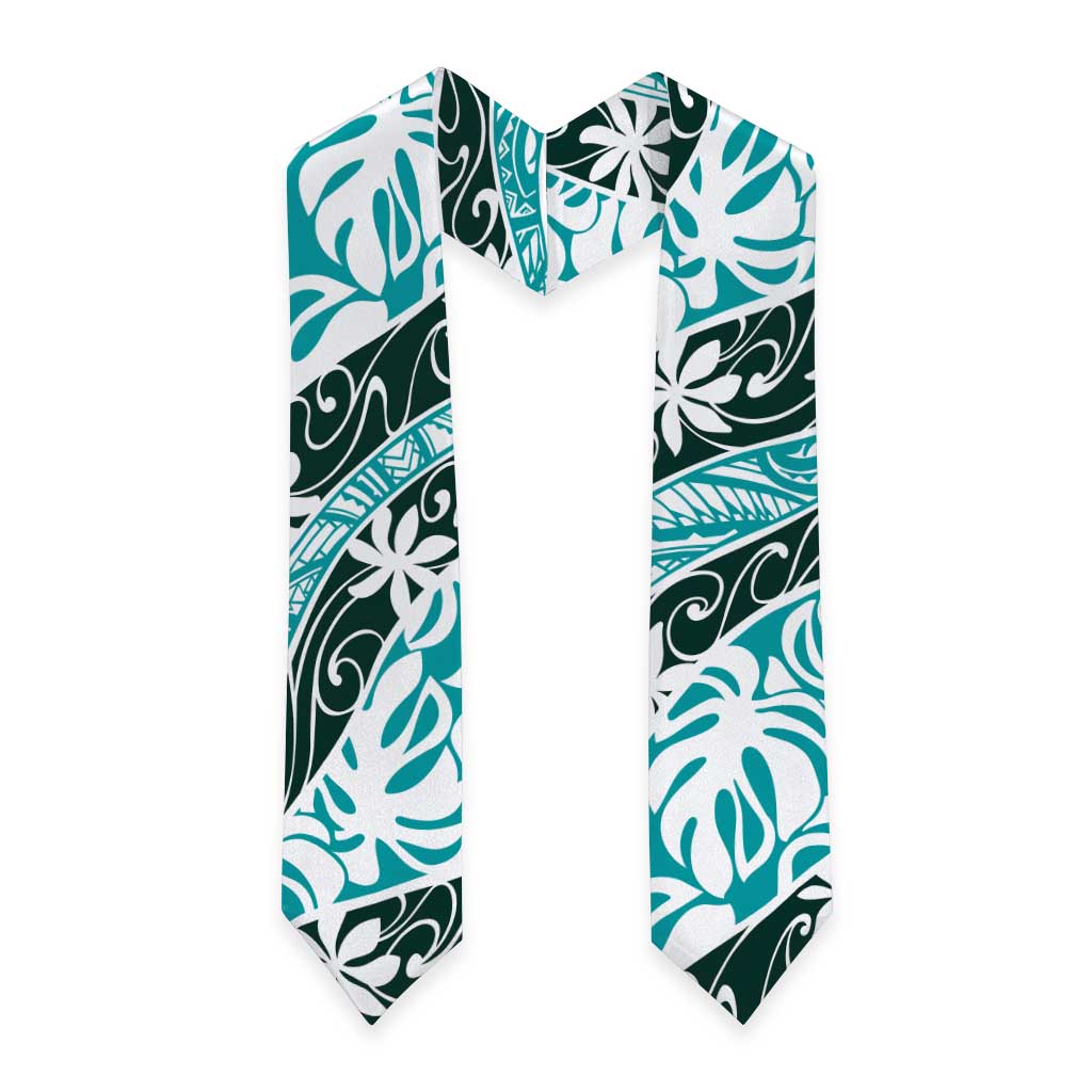 Cyan Tahiti Tiare Monstera Graduation Stole Polynesian Pattern Curve Style LT01 - Polynesian Pride
