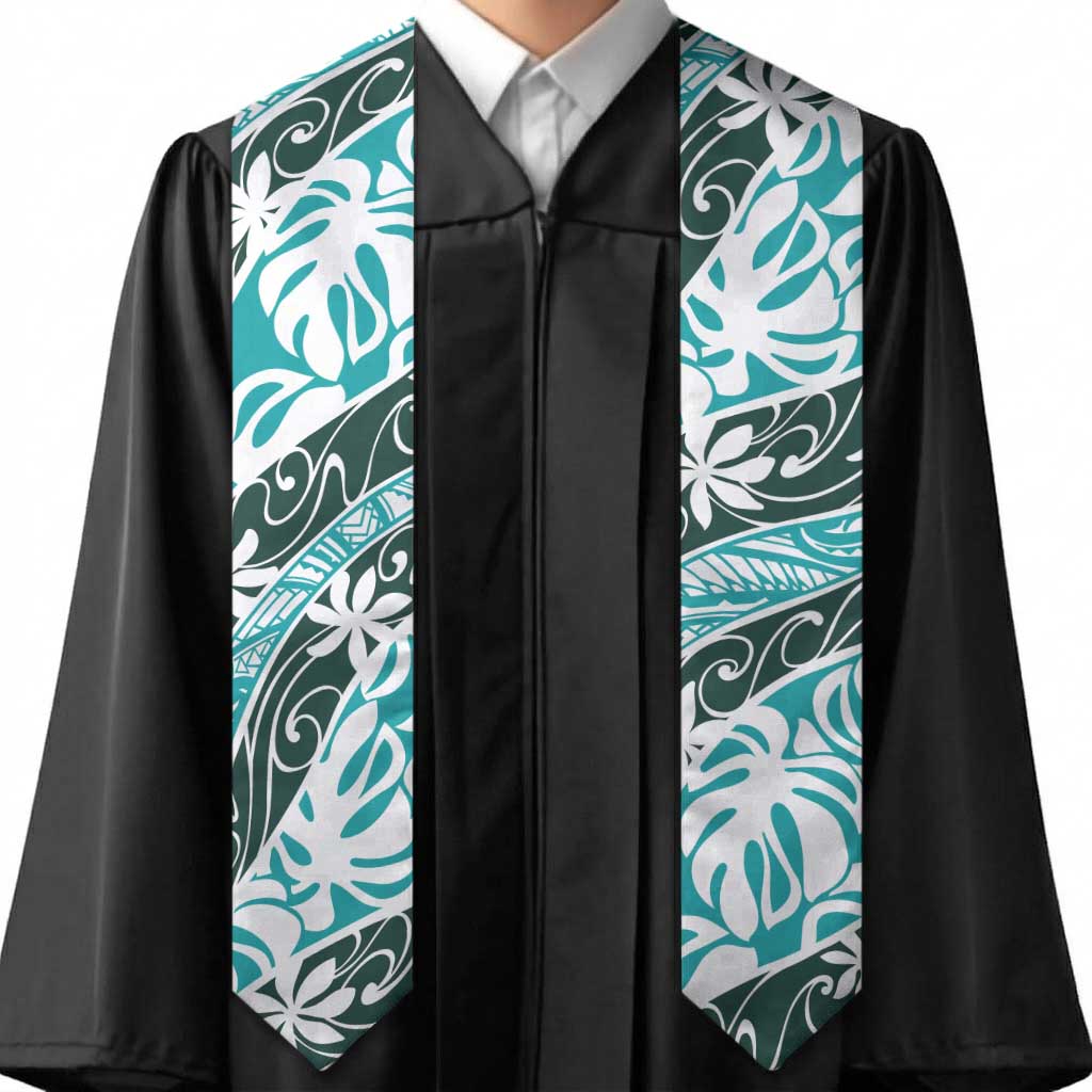 Cyan Tahiti Tiare Monstera Graduation Stole Polynesian Pattern Curve Style LT01 - Polynesian Pride
