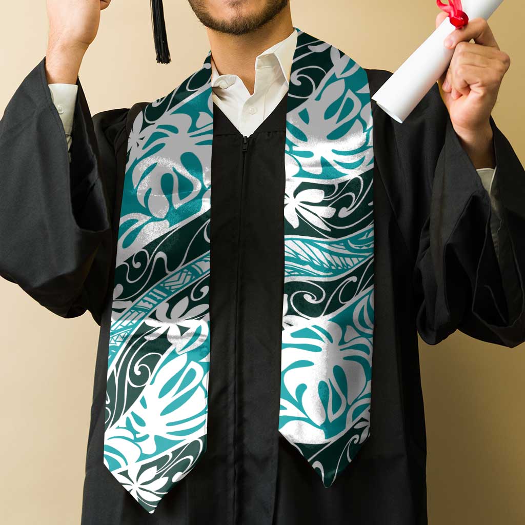Cyan Tahiti Tiare Monstera Graduation Stole Polynesian Pattern Curve Style LT01 - Polynesian Pride