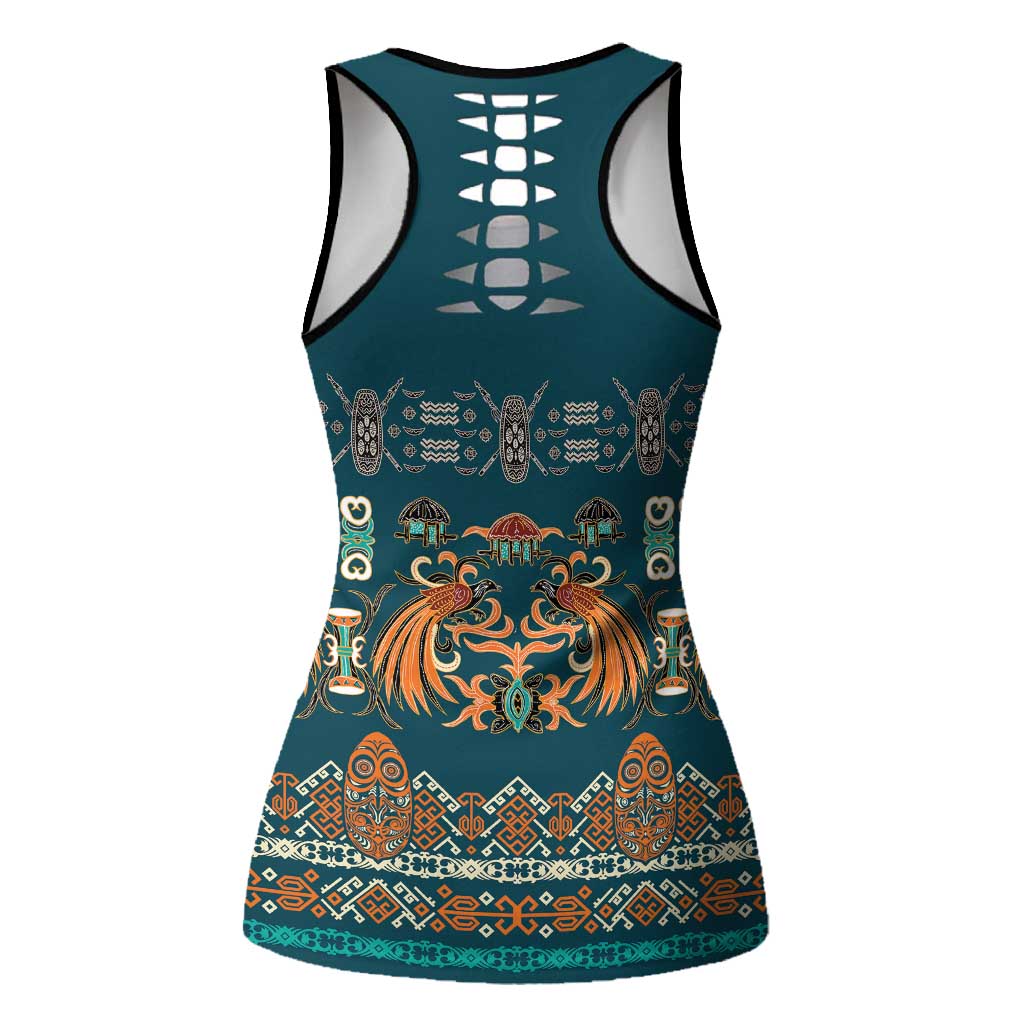 Dark Cyan Blue Batik Papua-inspired Pattern Hollow Tank Top LT9 - Polynesian Pride