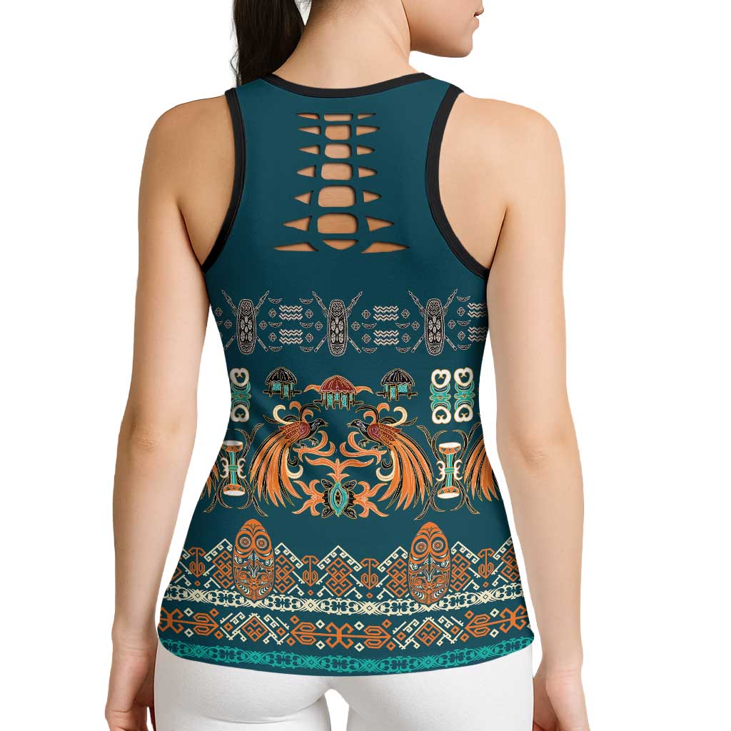 Dark Cyan Blue Batik Papua-inspired Pattern Hollow Tank Top LT9 - Polynesian Pride
