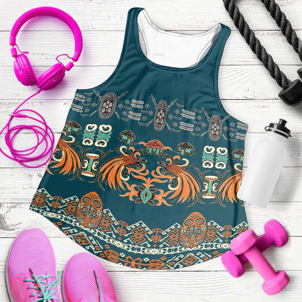 Dark Cyan Blue Batik Papua-inspired Pattern Women Racerback Tank - Polynesian Pride