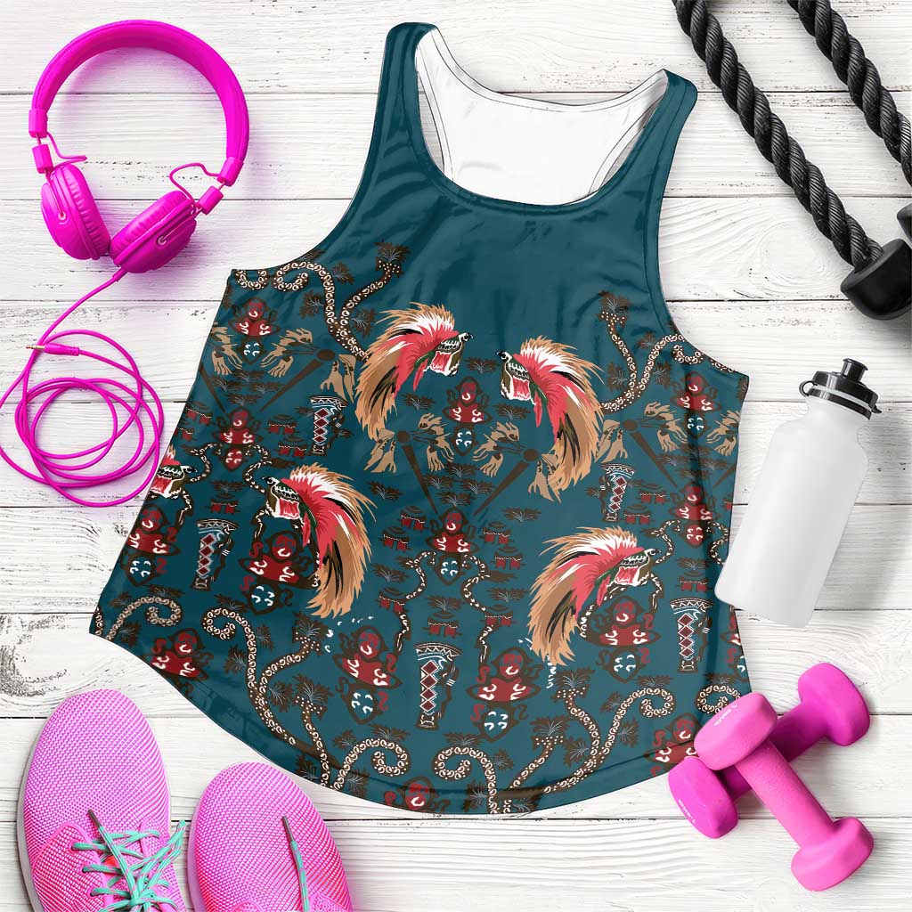 Dark Cyan Blue Bird of Batik Papua Women Racerback Tank Exotic Natural Wealth of Papua - Polynesian Pride