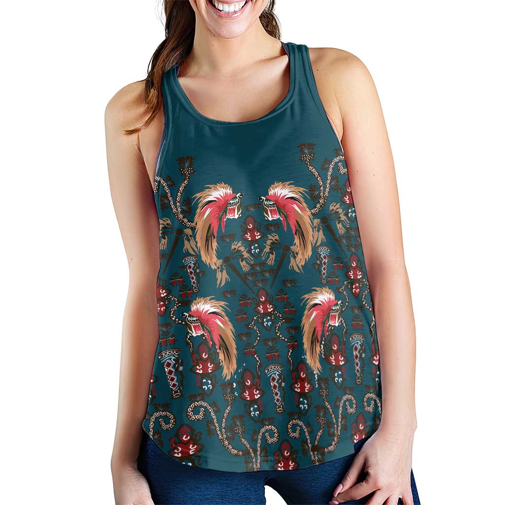 Dark Cyan Blue Bird of Batik Papua Women Racerback Tank Exotic Natural Wealth of Papua - Polynesian Pride