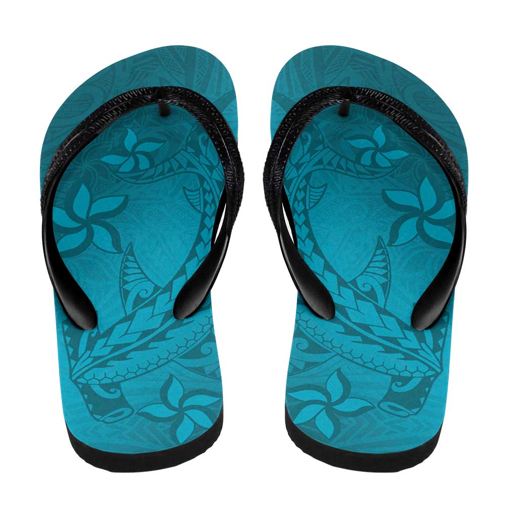 Dark Cyan Gradient Polynesia Flip Flops Hawaiian Tribal Hammerhead Shark Tattoo - Polynesian Pride