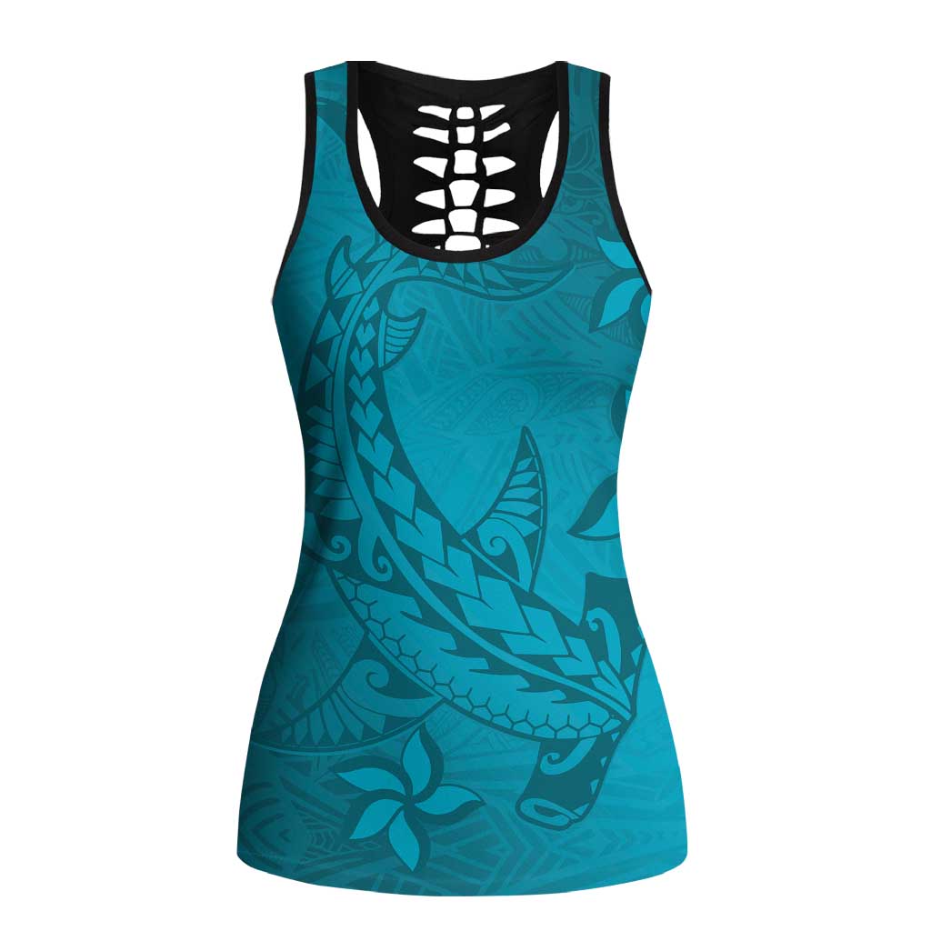 Dark Cyan Gradient Polynesia Hollow Tank Top Hawaiian Tribal Hammerhead Shark Tattoo - Polynesian Pride