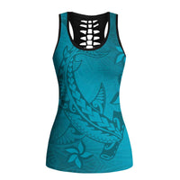 Dark Cyan Gradient Polynesia Hollow Tank Top Hawaiian Tribal Hammerhead Shark Tattoo LT14 Female Dark Cyan - Polynesian Pride