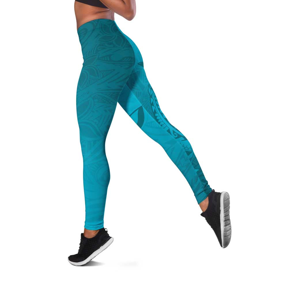 Dark Cyan Gradient Polynesia Leggings Hawaiian Tribal Hammerhead Shark Tattoo - Polynesian Pride