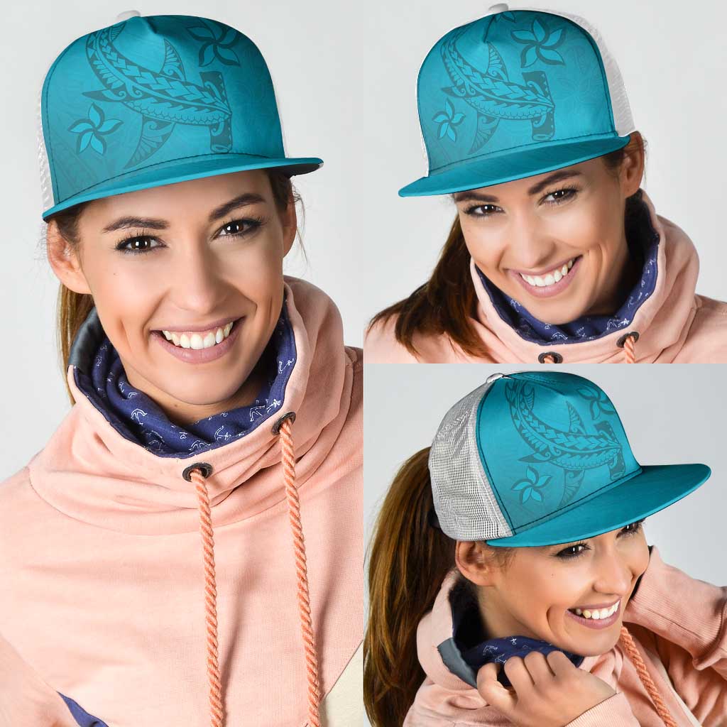 Dark Cyan Gradient Polynesia Mesh Trucker Cap Hawaiian Tribal Hammerhead Shark Tattoo - Polynesian Pride