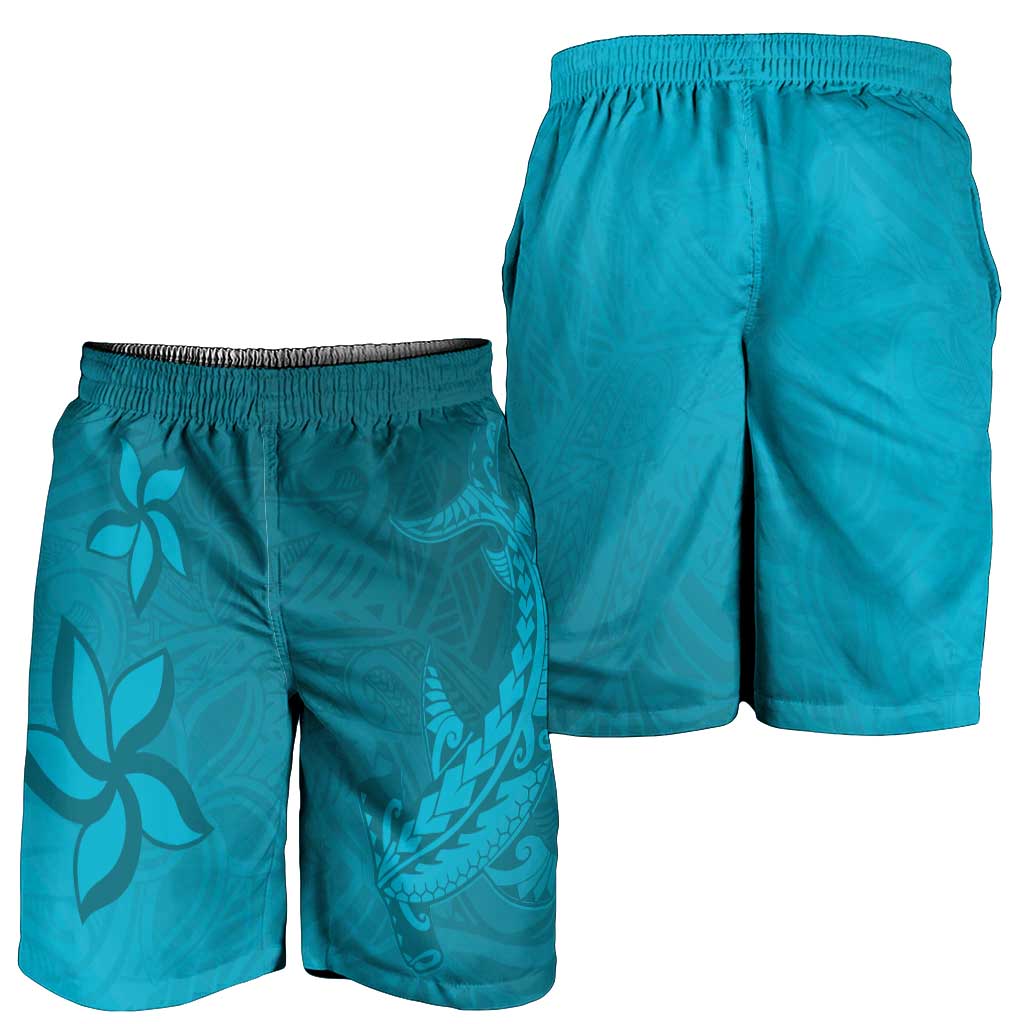 Dark Cyan Gradient Polynesia Shorts for Men Hawaiian Tribal Hammerhead Shark Tattoo - Polynesian Pride