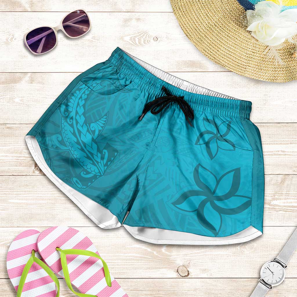 Dark Cyan Gradient Polynesia Shorts for Women Hawaiian Tribal Hammerhead Shark Tattoo - Polynesian Pride
