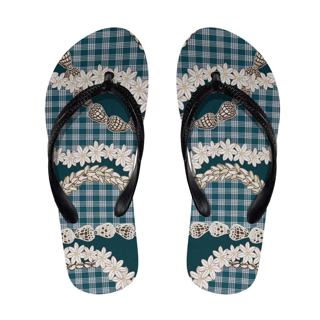Dark Cyan Hawaii Tiare and Shell Lei Flip Flops Hawaiian Palaka Luxury Vibes - Polynesian Pride
