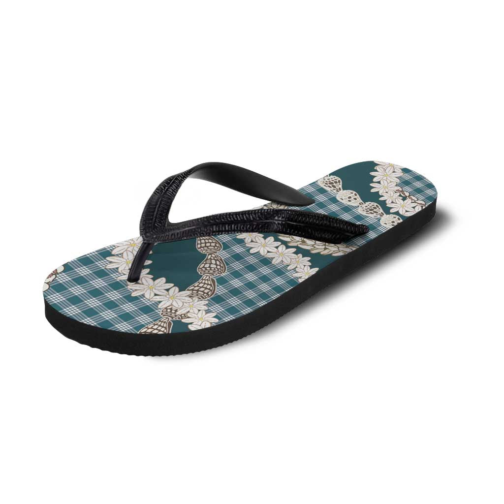 Dark Cyan Hawaii Tiare and Shell Lei Flip Flops Hawaiian Palaka Luxury Vibes - Polynesian Pride