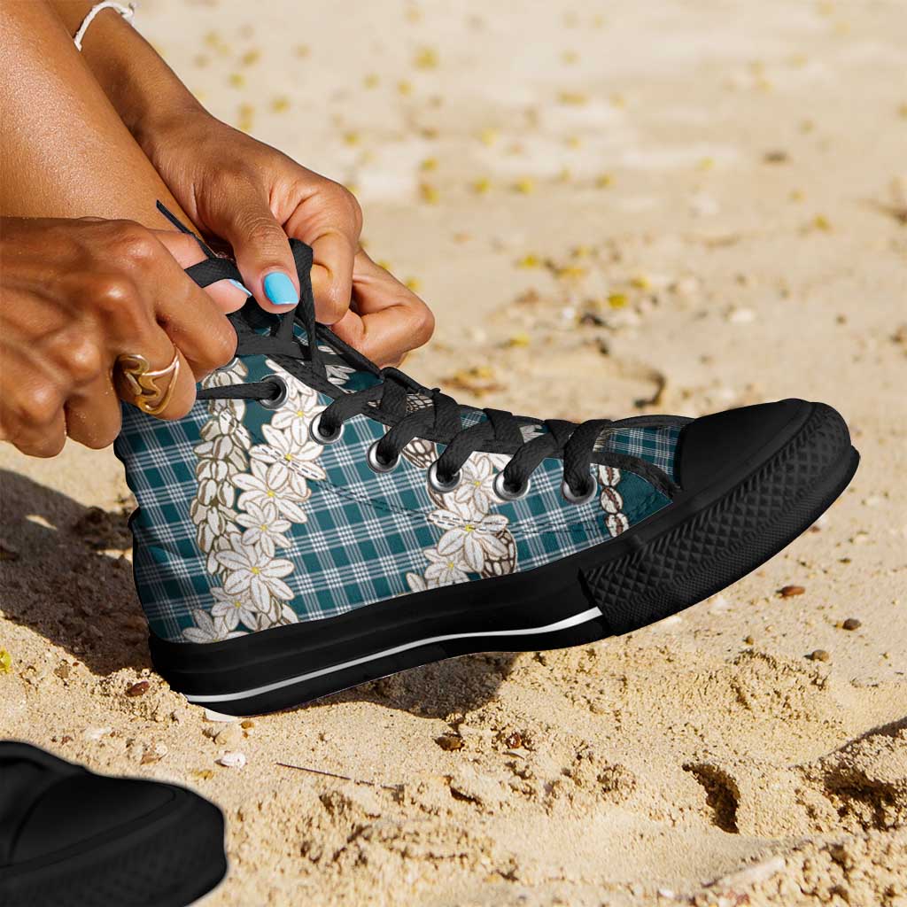 Dark Cyan Hawaii Tiare and Shell Lei High Top Shoes Hawaiian Palaka Luxury Vibes - Polynesian Pride