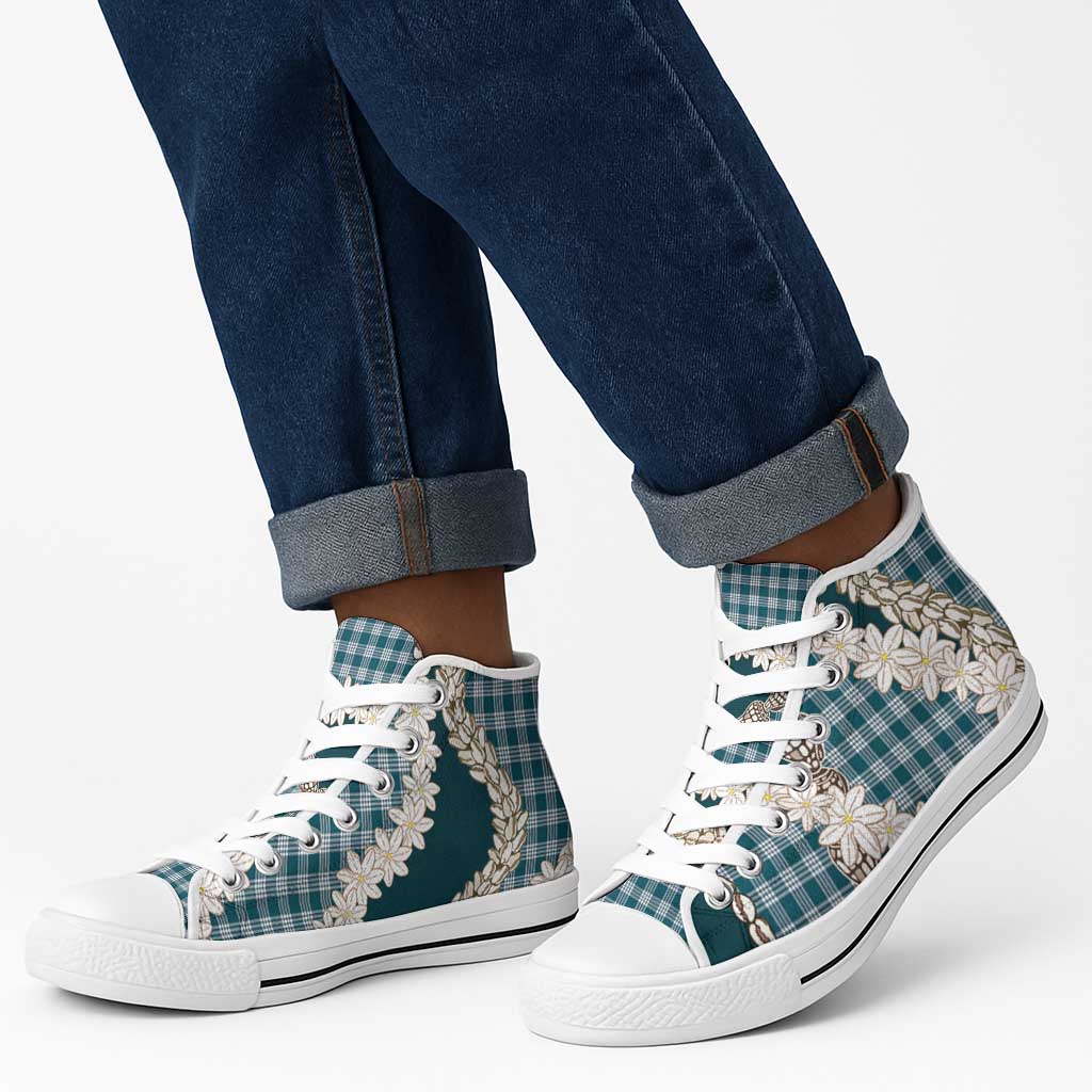 Dark Cyan Hawaii Tiare and Shell Lei High Top Shoes Hawaiian Palaka Luxury Vibes - Polynesian Pride