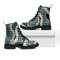 Dark Cyan Hawaii Tiare and Shell Lei Leather Boots Hawaiian Palaka Luxury Vibes - Polynesian Pride