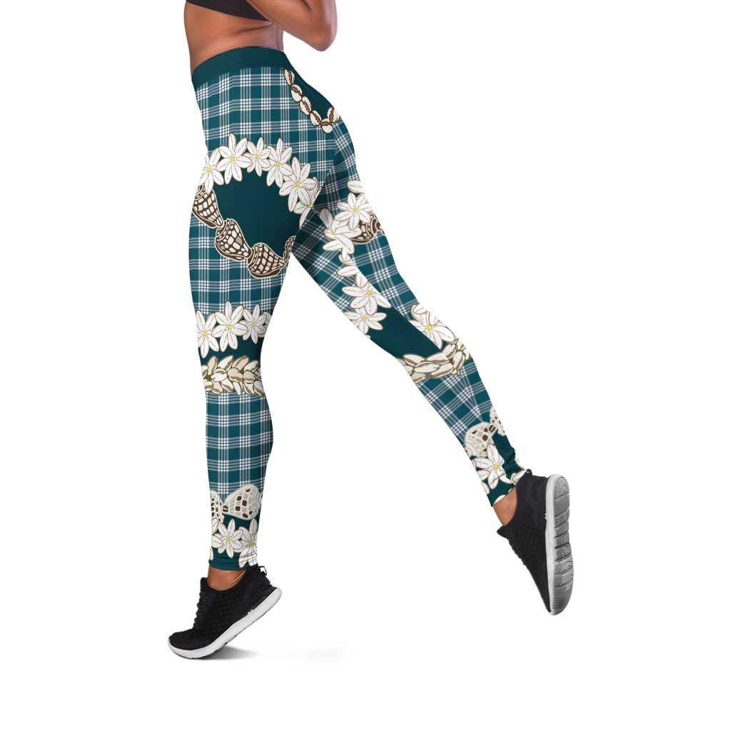 Dark Cyan Hawaii Tiare and Shell Lei Leggings Hawaiian Palaka Luxury Vibes - Polynesian Pride