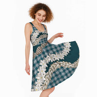 Dark Cyan Hawaii Tiare and Shell Lei Midi Dress Hawaiian Palaka Luxury Vibes - Polynesian Pride