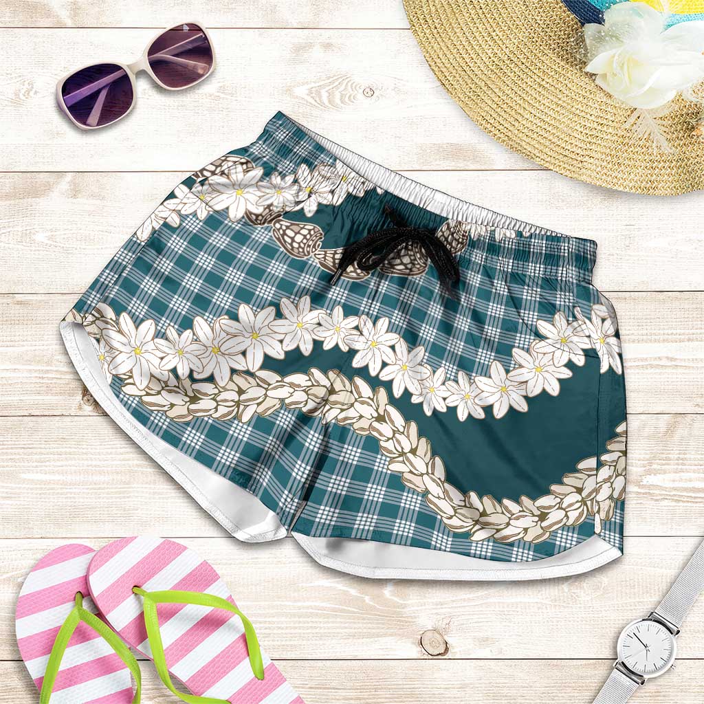 Dark Cyan Hawaii Tiare and Shell Lei Shorts for Women Hawaiian Palaka Luxury Vibes - Polynesian Pride