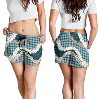 Dark Cyan Hawaii Tiare and Shell Lei Shorts for Women Hawaiian Palaka Luxury Vibes - Polynesian Pride
