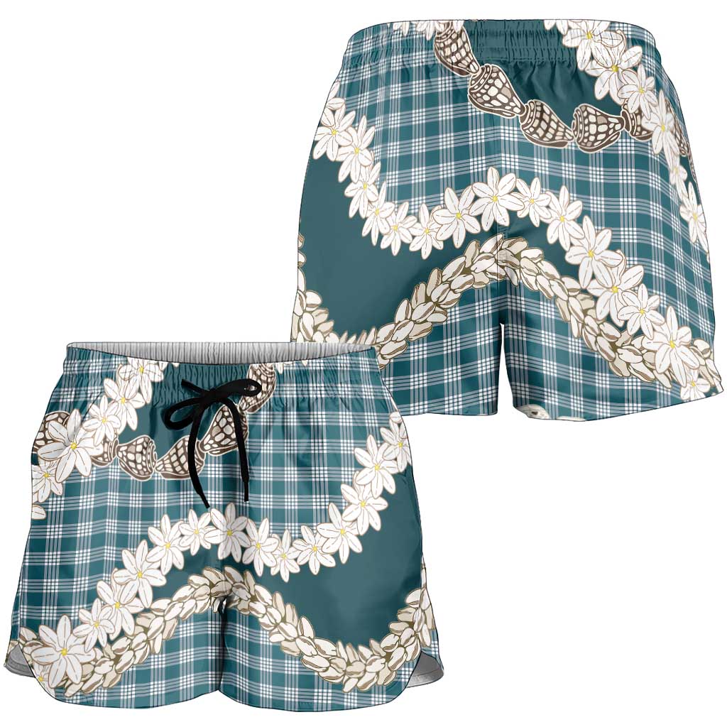 Dark Cyan Hawaii Tiare and Shell Lei Shorts for Women Hawaiian Palaka Luxury Vibes - Polynesian Pride