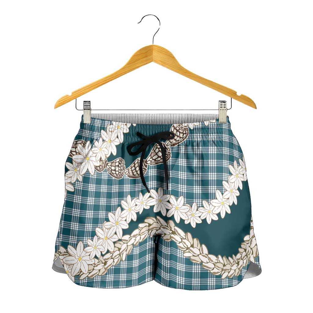 Dark Cyan Hawaii Tiare and Shell Lei Shorts for Women Hawaiian Palaka Luxury Vibes - Polynesian Pride