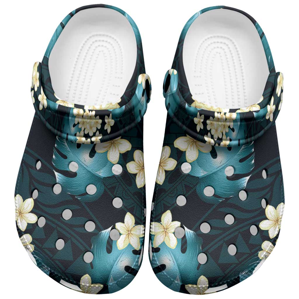 Dark Cyan Tropical Hawaii Clogs Shoes Seamless Monstera Plumeria Hawaiian  Pattern